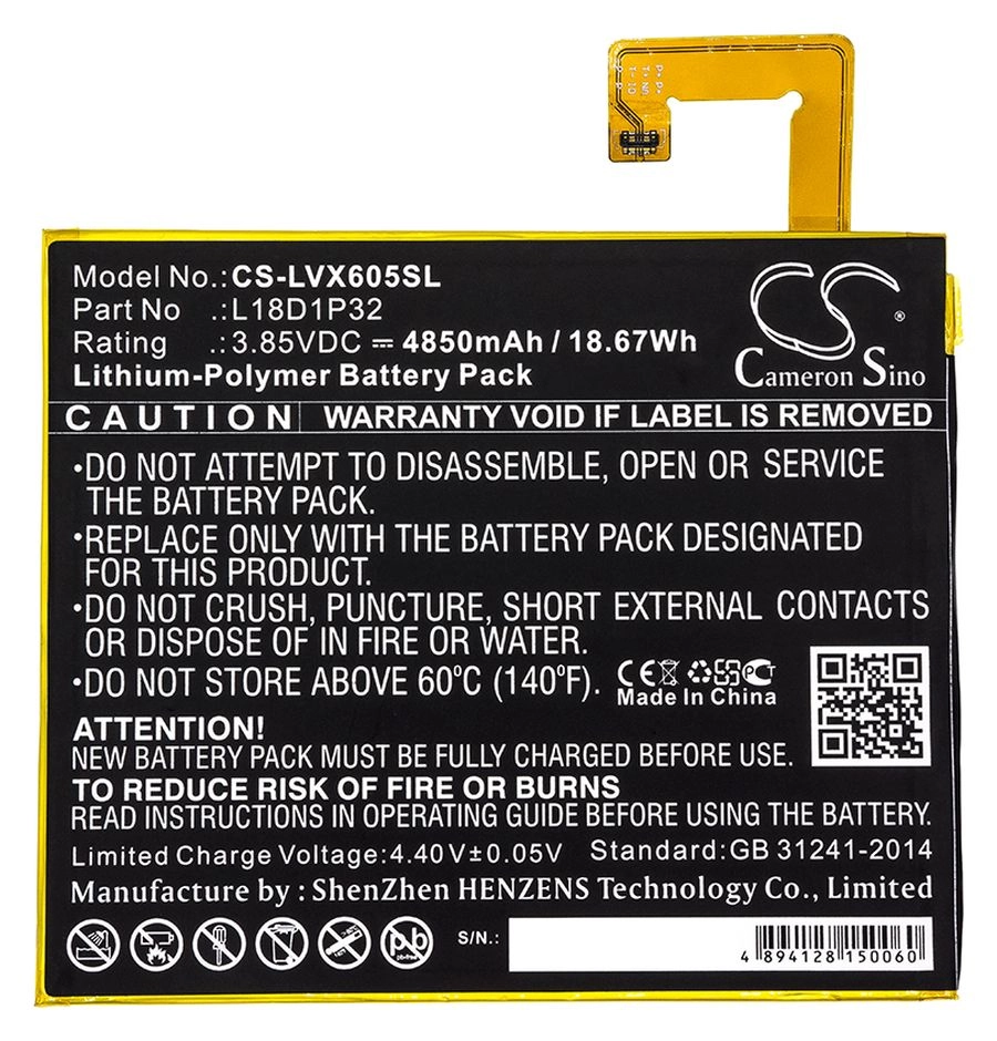 

Аккумулятор CameronSino CS-LVX605SL, 3.85V, 4850mAh, Li-pol для Lenovo Smart Tab M10, TB-X605F, TB-X605FC, X605, X605C, CS-LVX605SL