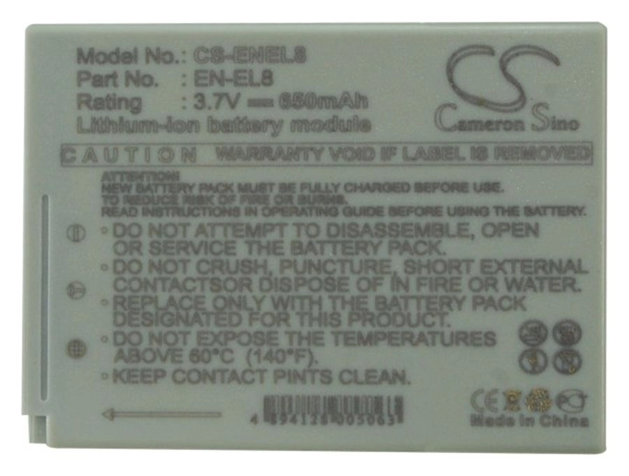 

Аккумулятор CameronSino CS-ENEL8/EN-EL8, 650mAh, 3.7V для Nikon Coolpix P1/P2/S1/S2/S3/S5/S6/S7/S8/S9/S5, CS-ENEL8