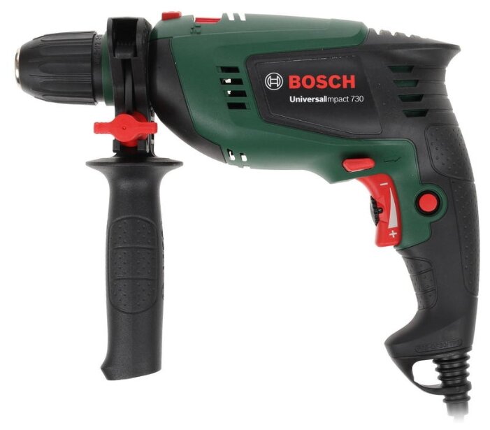 

Дрель BOSCH UniversalImpact 730, сетевая, 701Вт, 17 Н·м, 3000 об/мин, ударная, быстрозажимной патрон, 1.7кг (0603131022), UniversalImpact