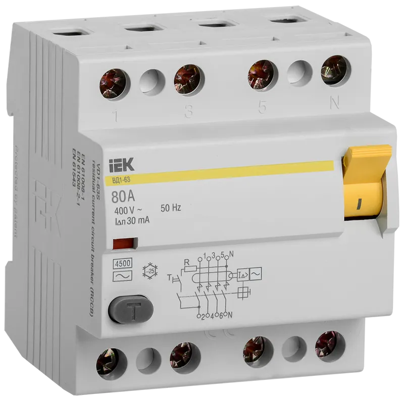 

Выключатель дифференциальный (УЗО) ВД1-63, 4P, 80A, 30мА, электромеханический, тип АС, IEK (MDV10-4-080-030), ВД1-63