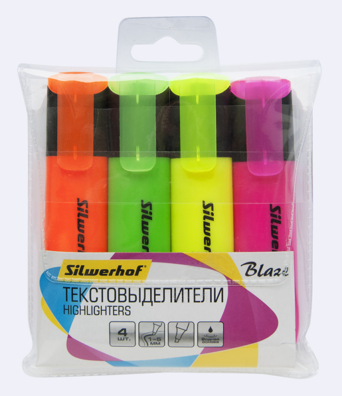 

Набор текстовыделителей Silwerhof Blaze скошенный пиш. наконечник 1-5мм 4цв. пакет с европодвесом (108036-00), Blaze