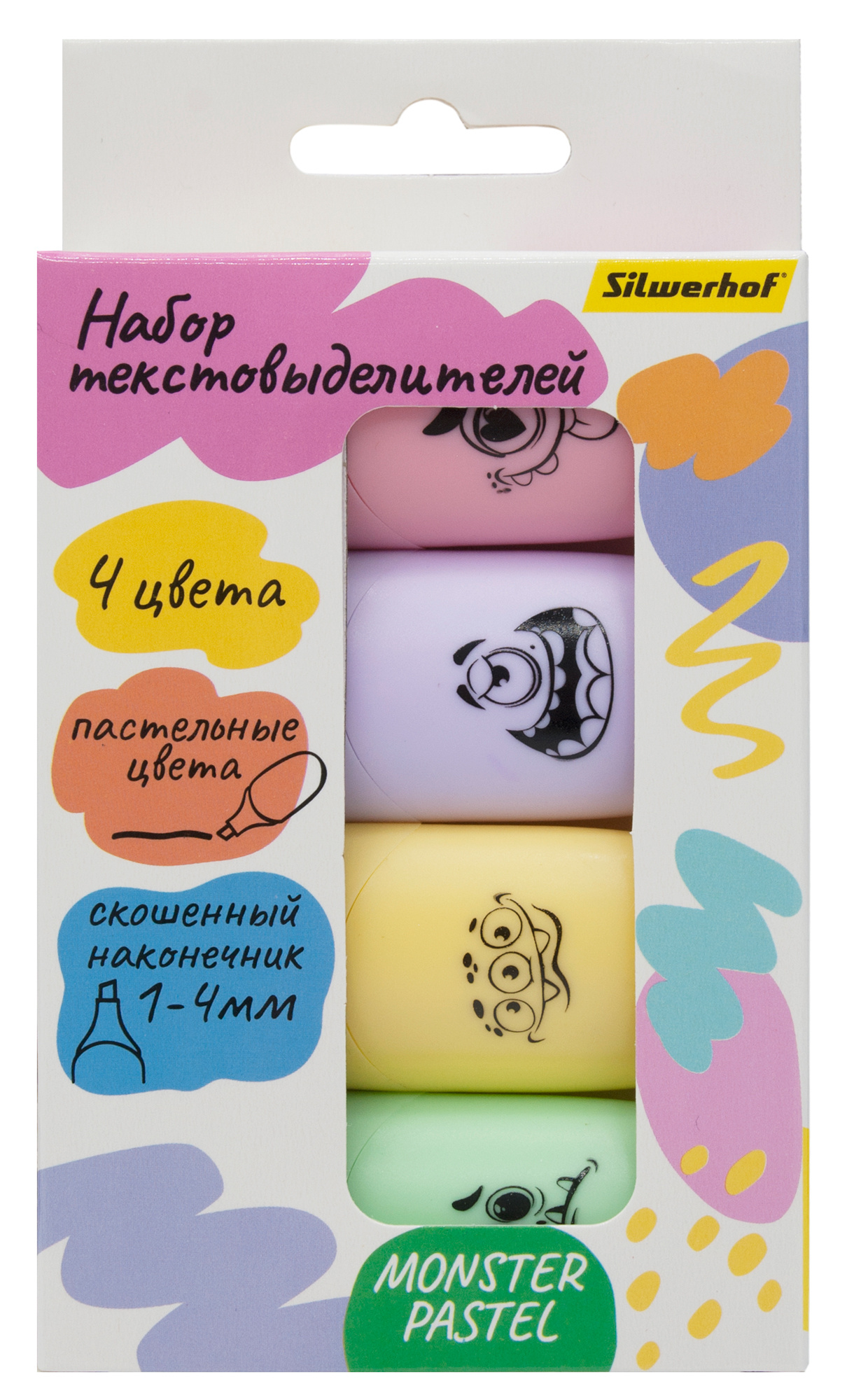 

Набор текстовыделителей Silwerhof Monster Pastel 1-4мм 4цв. коробка с европодвесом, Monster Pastel