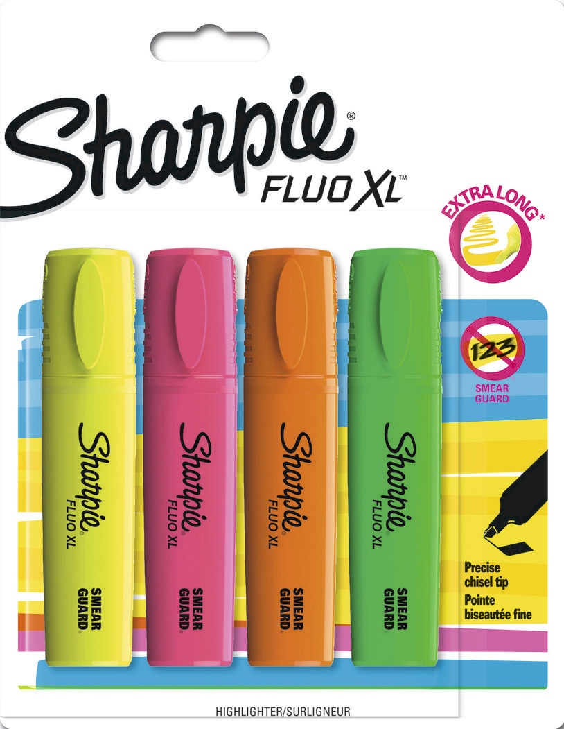 

Набор текстовыделителей Paper Mate Fluo XL Sharpie треуг. пиш. наконечник 0.5-2.5-5мм флуоросцентный 4цв. блистер (1825662), Fluo XL