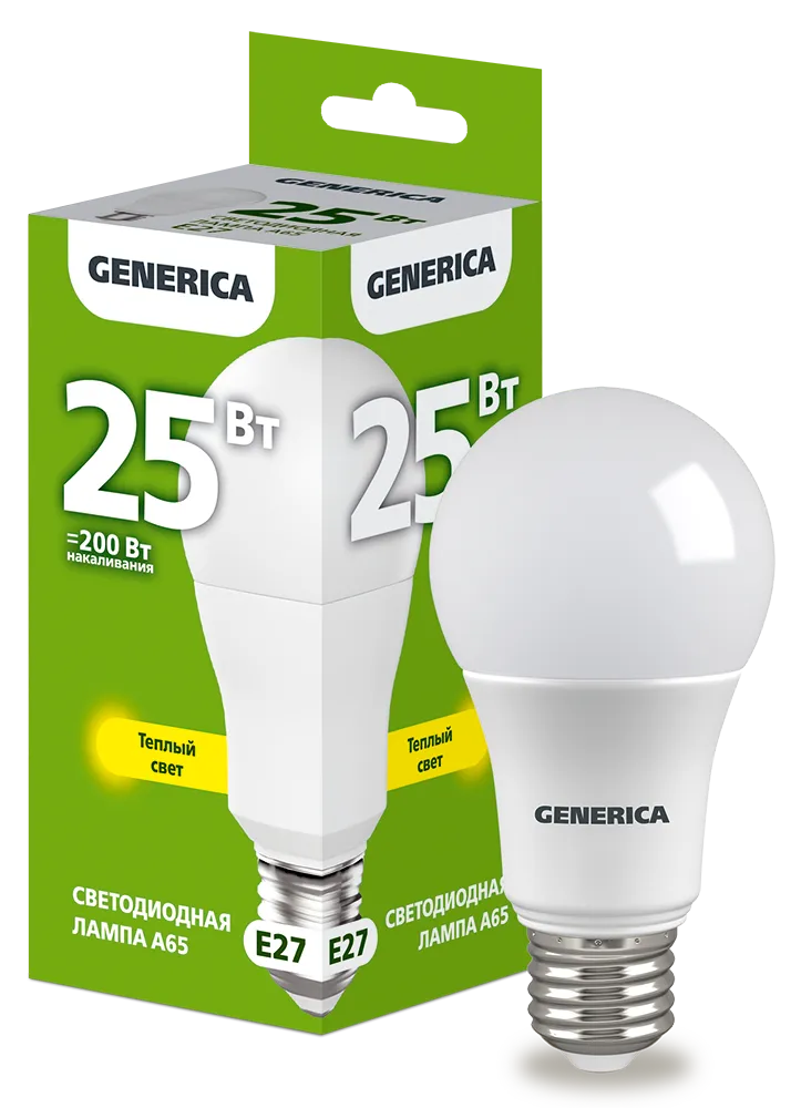 Лампа светодиодная E27 груша/A65, 25 Вт, 3000 K, GENERICA