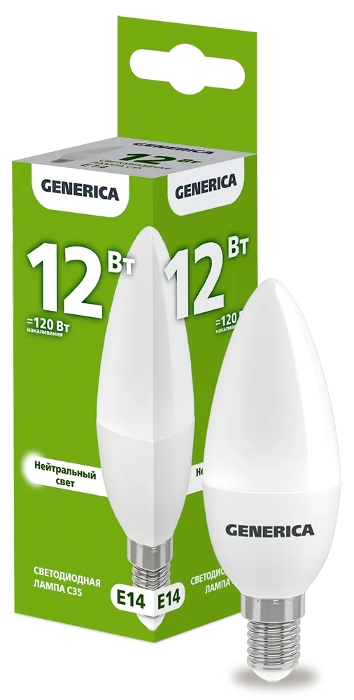 Лампа светодиодная E14 свеча/C35, 12 Вт, 4000 K, GENERICA