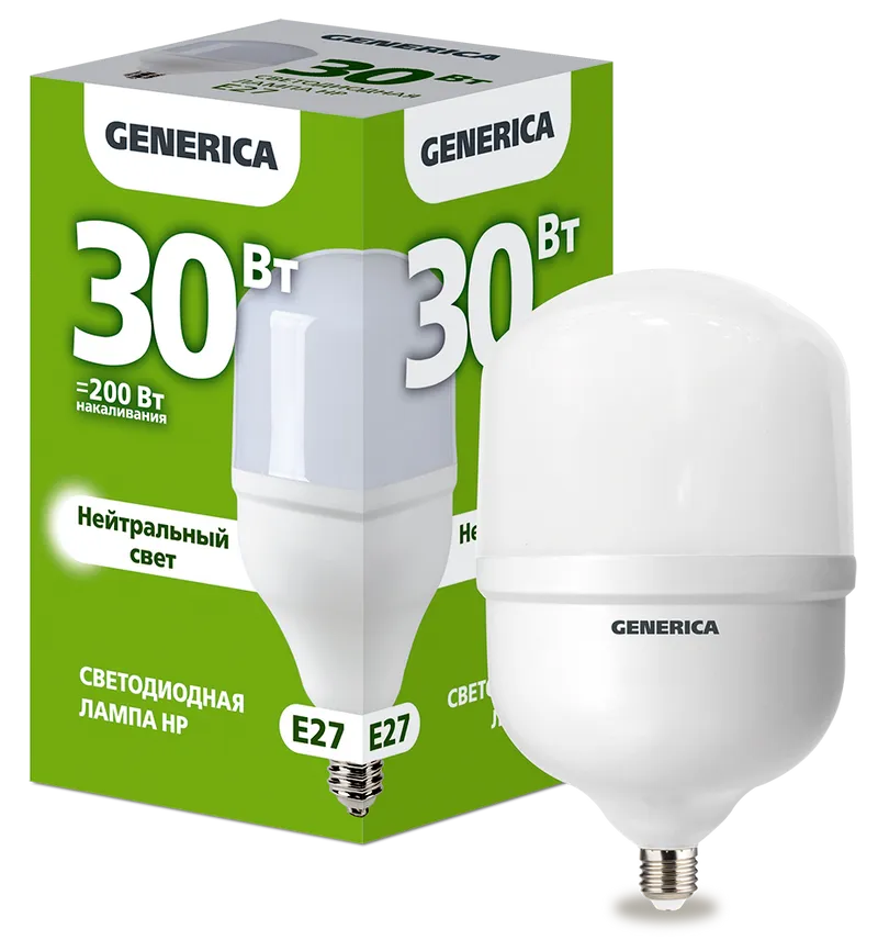 

Лампа светодиодная E27/HP, 30Вт, 4000K-4000K, 3000лм, GENERICA (LL-HP-30-230-40-E27-G)