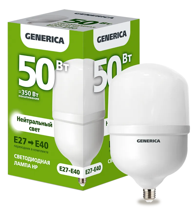 

Лампа светодиодная E27/HP, 50Вт, 4000K-4000K, 5000лм, GENERICA (LL-HP-50-230-40-E27-E40-G)