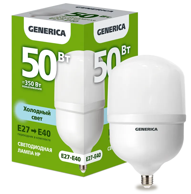 

Лампа светодиодная E27/E40/HP, 50Вт, 6500K-6500K, 5000лм, GENERICA (LL-HP-50-230-65-E27-E40-G)