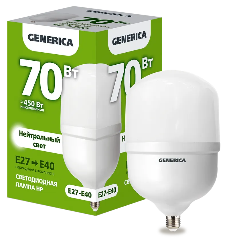 

Лампа светодиодная E27/E40/HP, 70Вт, 4000K-4000K, 7000лм, GENERICA (LL-HP-70-230-40-E27-E40-G)