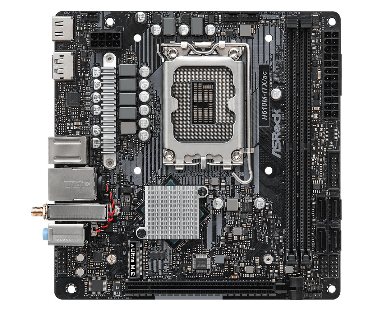 

Материнская плата ASRock H610M-ITX/AC, Socket1700, Intel H610, 2xDDR4, PCI-Ex16, 4SATA3, 7.1-ch, GLAN, 4 USB 3.2, HDMI, DP, mini-ITX, Retail, H610M-ITX/AC