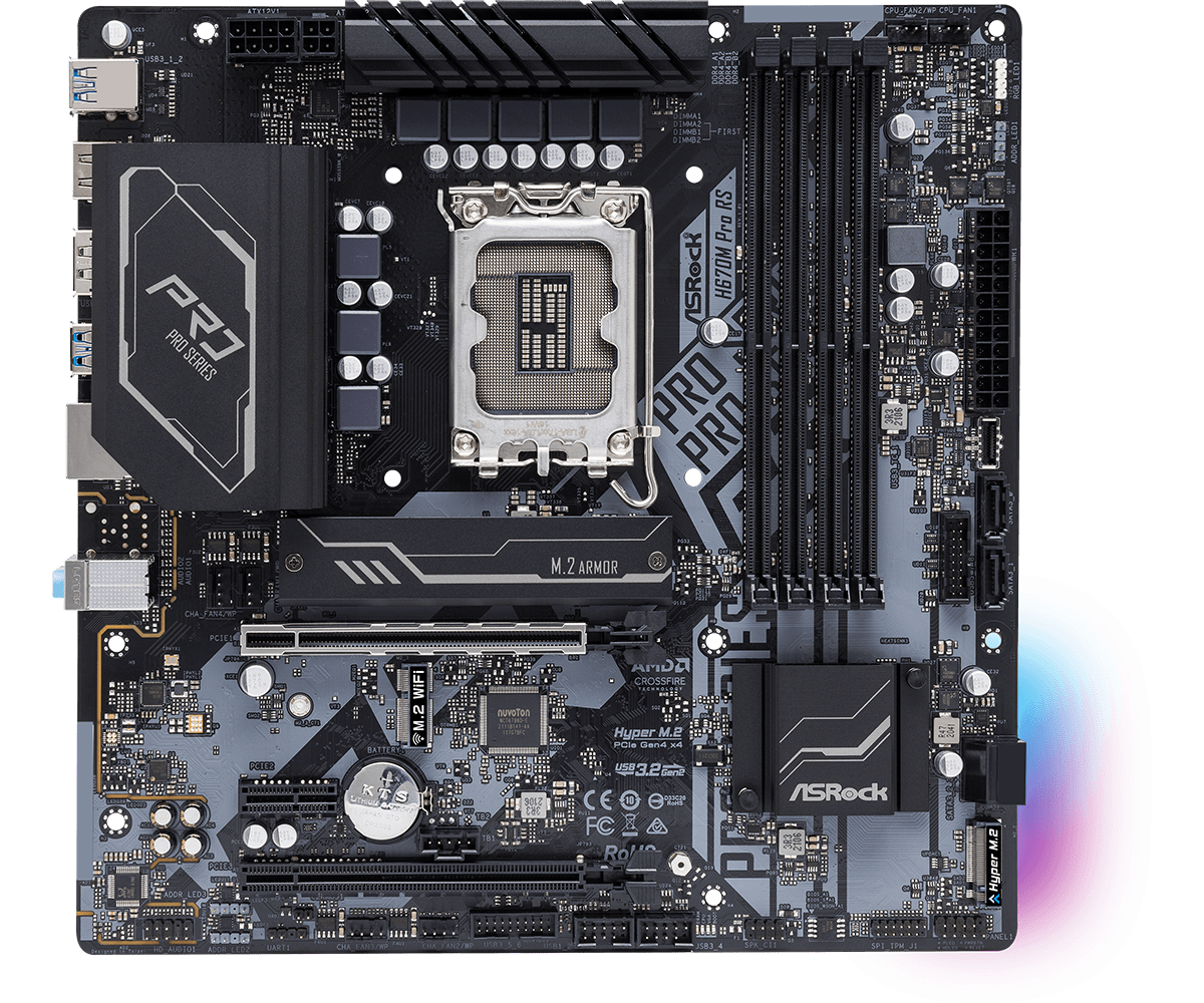 

Материнская плата ASRock H670M PRO RS, Socket1700, Intel H670, 4xDDR4, 2PCI-Ex16, 4SATA3, 7.1-ch, GLAN, 10 USB 3.2, 1 USB Type-C, HDMI, DP, mATX, Retail, H670M PRO RS