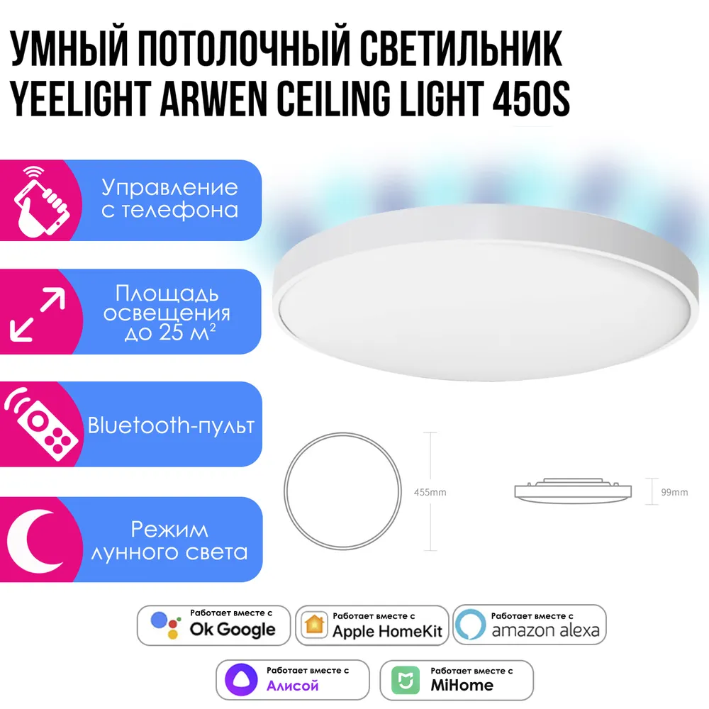 Умный потолочный светильник Yeelight Arwen Ceiling Light 450S, регулируемый (2700-6500K), 3500 Лм, белый (YLXD013) - фото 1