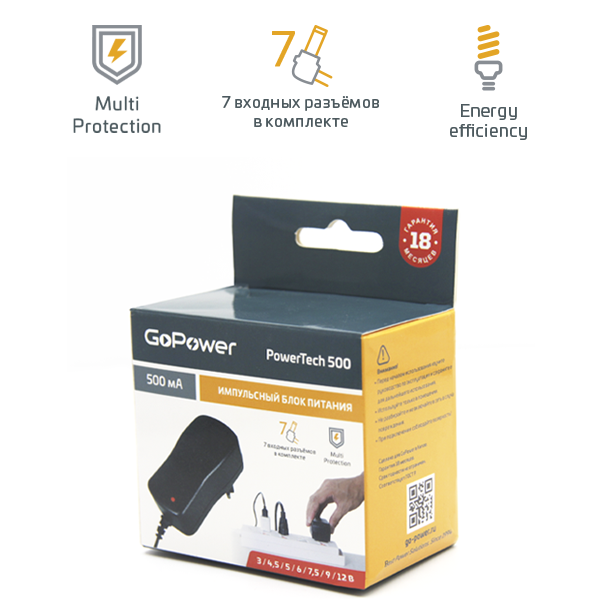 

Блок питания GoPower PowerTech 500, импульсный, 500мА, черный (00-00015334), PowerTech 500