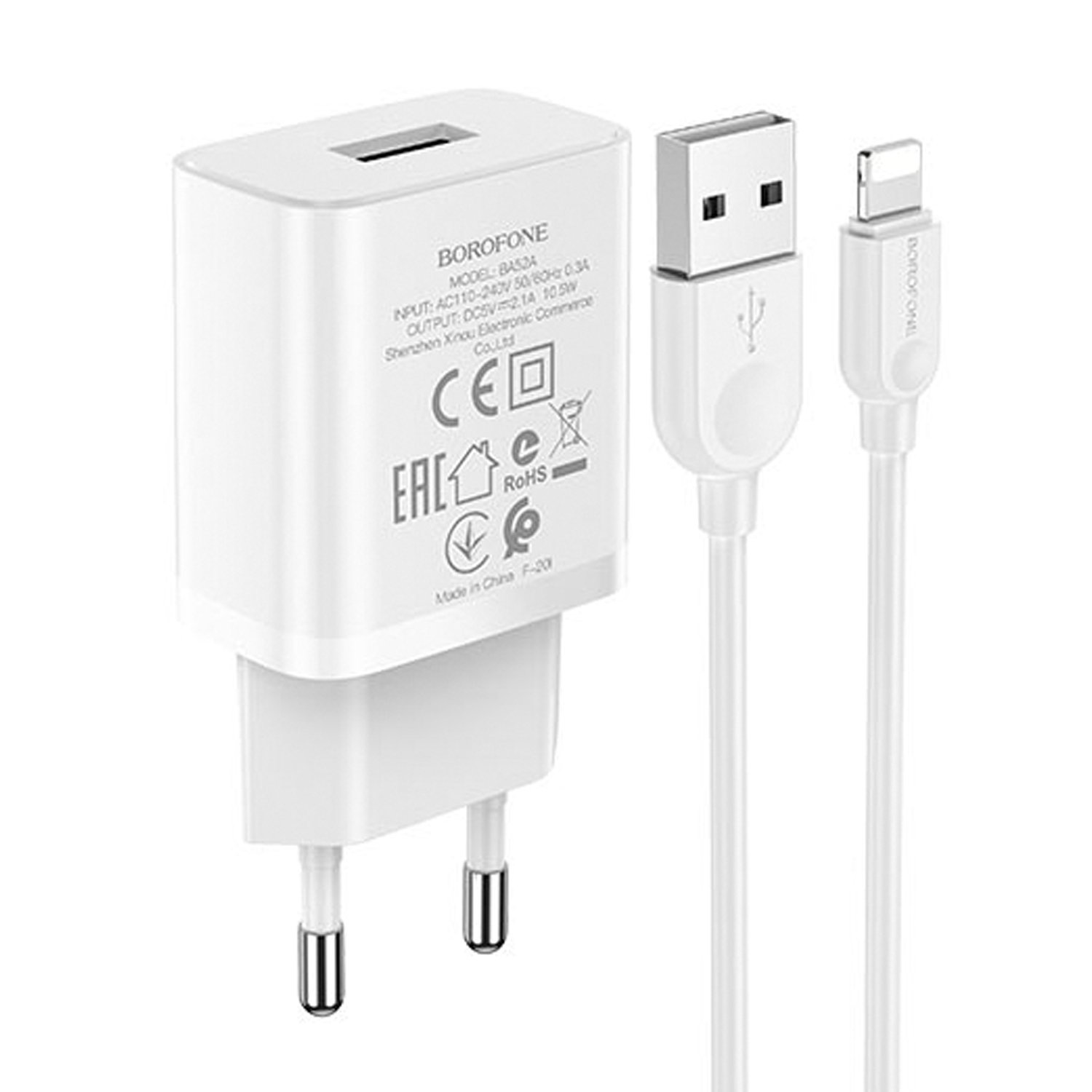 

Сетевое зарядное устройство Borofone BA52A Gamble 10W, USB, 2.1A, белый (133685), Lightning 8pin, BA52A Gamble