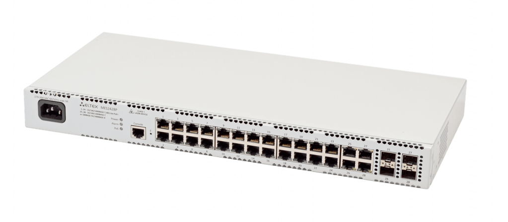 Коммутатор Eltex MES2428P, 24x1 Гбит/с, SFP/uplink: combo RJ-45/SFPx4