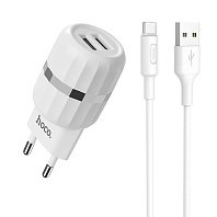 Сетевое зарядное устройство Hoco C41A 12W, 2xUSB, 1.2A, белый (92702), кабель USB Type C - фото 1