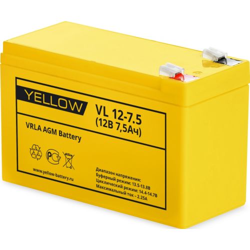 

Аккумуляторная батарея для ИБП Yellow Battery VL 12-7.5, 12V, 7.5Ah, Желтый, VL 12-7.5