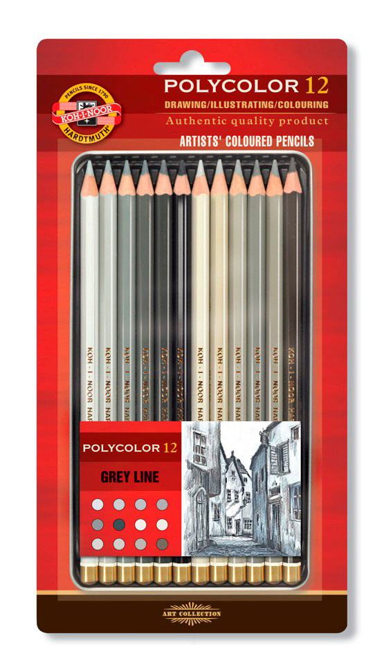 

Набор цветных карандашей KOH-I-NOOR Polycolor Grey Line 3822, шестигранные, 12 шт., заточенные (3822012013BL), 3822