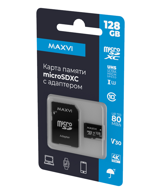 

Карта памяти 128Gb microSDHC Maxvi Class 10 UHS-I 3.0 V30 + адаптер (MSD128GBC10V30), MSD128GBC10V30