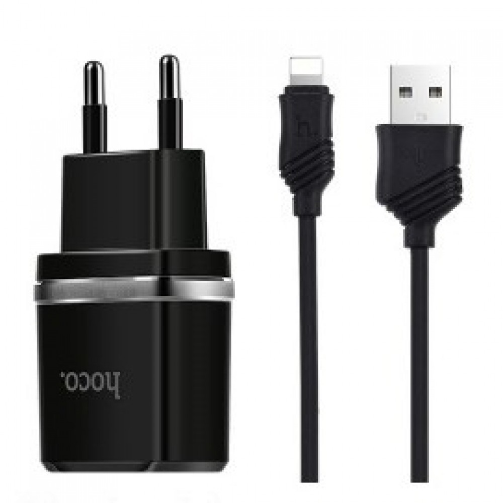 Сетевое зарядное устройство Hoco HC-64107 C12 12W, 2xUSB, черный (1882754), Lightning 8pin - фото 1