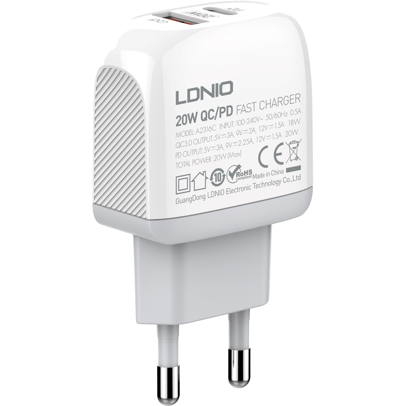 

Сетевое зарядное устройство LDNIO LD_B4554 A2316C 20W, USB, USB type-C, Quick Charge, PD, белый (1827081), кабель USB Type C, LD_B4554 A2316C