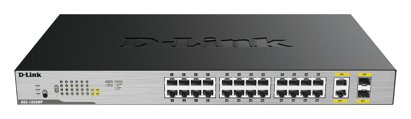 

Коммутатор D-Link DGS-1026MP, кол-во портов: 24x1 Гбит/с, кол-во SFP/uplink: combo RJ-45/SFP 2x1 Гбит/с, установка в стойку, PoE: 24x30Вт (макс. 370Вт) (DGS-1026MP/B1A), DGS-1026MP