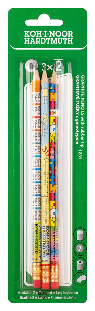 

Карандаш чернографитный HB, шестигранная форма, 3 шт., с ластиком, ассорти, KOH-I-NOOR Mix 1231 (1231003022BLRU), 1231