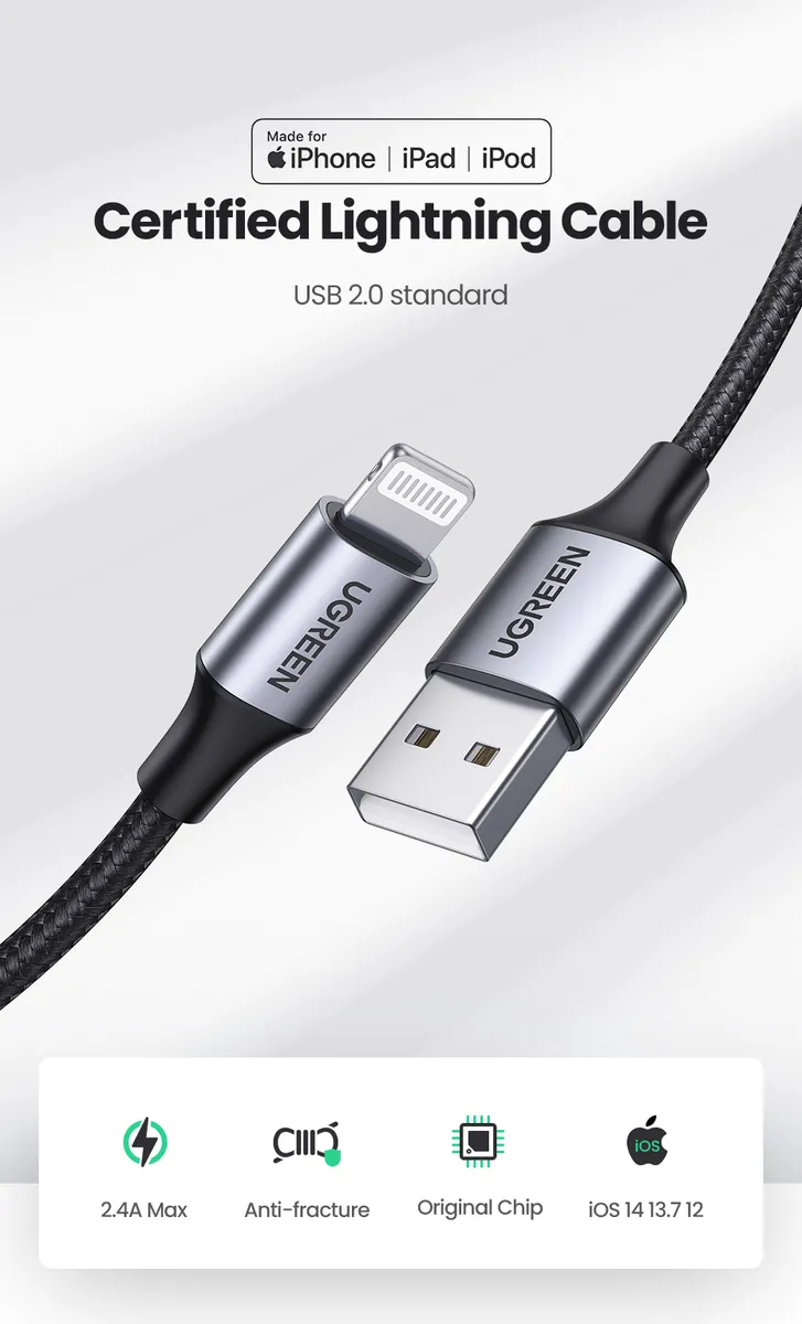 

Кабель USB-Lightning 8-pin, MFi, 2.4A, 2м, черный UGREEN US199 (60158), US199