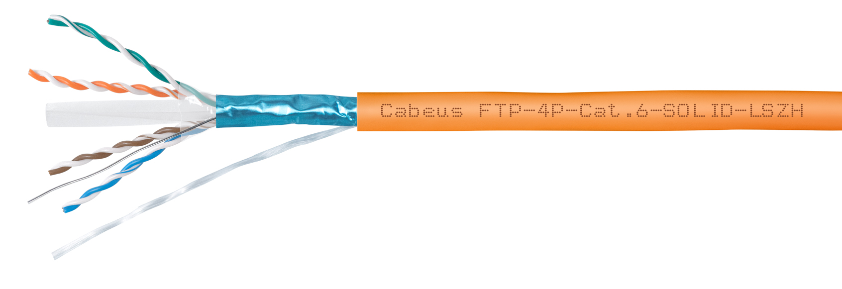 Витая пара FTP кат.6, 4 пары, CU, 0.57 мм, 305м., внутренний, одножильный, LSZH, оранжевый, Cabeus (FTP-4P-Cat.6-SOLID-LSZH)