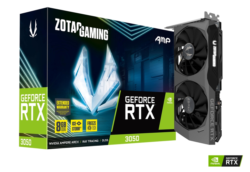 

Видеокарта ZOTAC NVIDIA GeForce RTX 3050 AMP, 8Gb DDR6, 128 бит, PCI-E, HDMI, 3DP, Retail (ZT-A30500F-10M), AMP