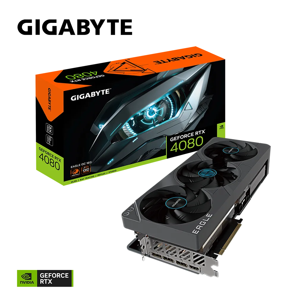 

Видеокарта GIGABYTE NVIDIA GeForce RTX 4080 EAGLE OC, 16Gb DDR6X, 256 бит, PCI-E, HDMI, 3DP, Retail (GV-N4080EAGLE OC-16GD), EAGLE OC