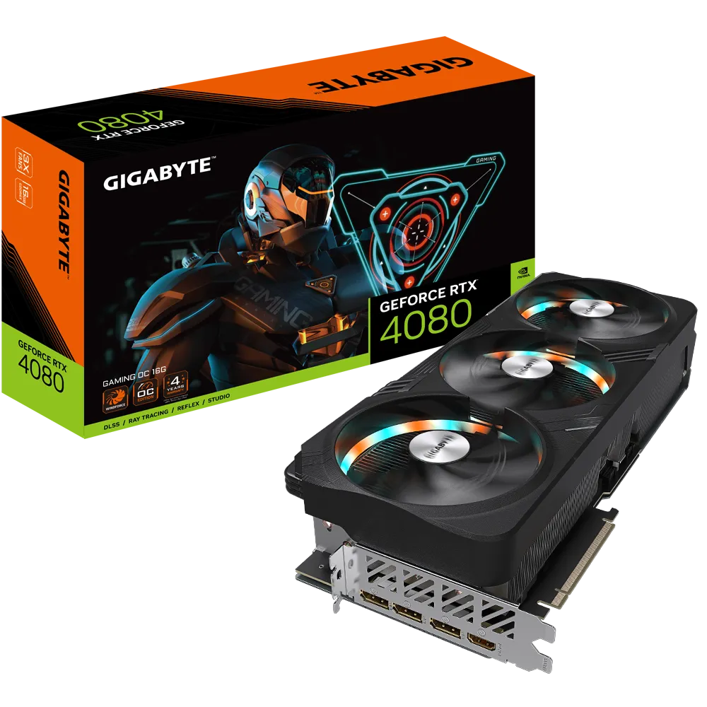 

Видеокарта GIGABYTE NVIDIA GeForce RTX 4080 GAMING OC, 16Gb DDR6X, 256 бит, PCI-E, HDMI, 3DP, Retail (GV-N4080GAMING OC-16GD), GAMING OC