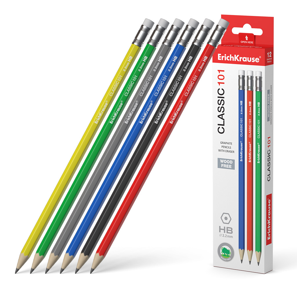 

Карандаш чернографитный HB, шестигранная форма, с ластиком, ассорти, ErichKrause Classic 101 (55268), 101