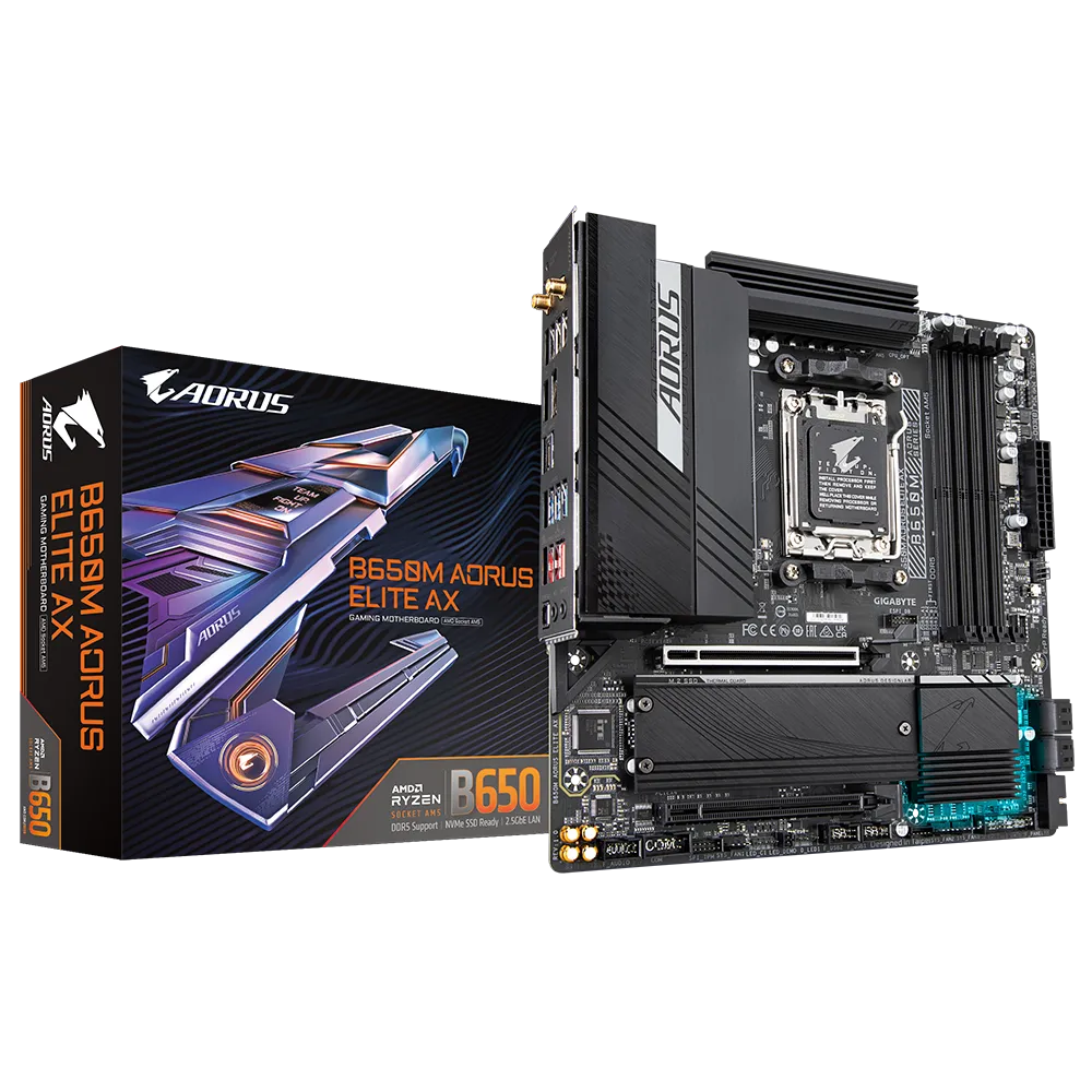 

Материнская плата GIGABYTE B650M AORUS ELITE AX, AM5, AMD B650, 4xDDR5 DIMM, 2PCI-Ex16, 4SATA3, 7.1-ch, 2.5GLAN, 9 USB 3.2, 2 USB Type-C, HDMI, DP, mATX, Retail, B650M AORUS ELITE AX