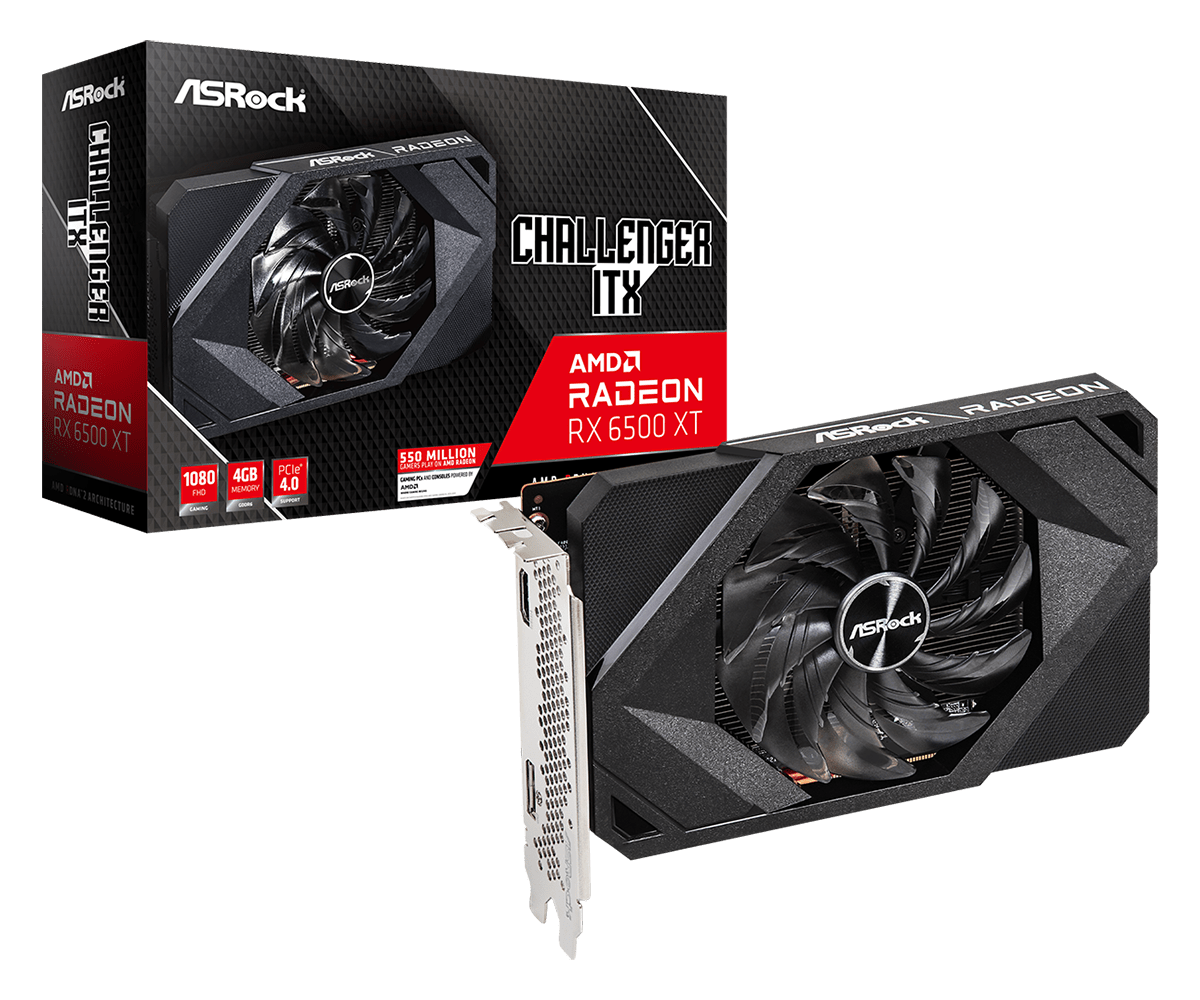 

Видеокарта ASRock AMD Radeon RX 6500 XT Challenger ITX, 4Gb DDR6, 64 бит, PCI-E, HDMI, DP, Retail (RX6500XT CLI 4G), Challenger ITX