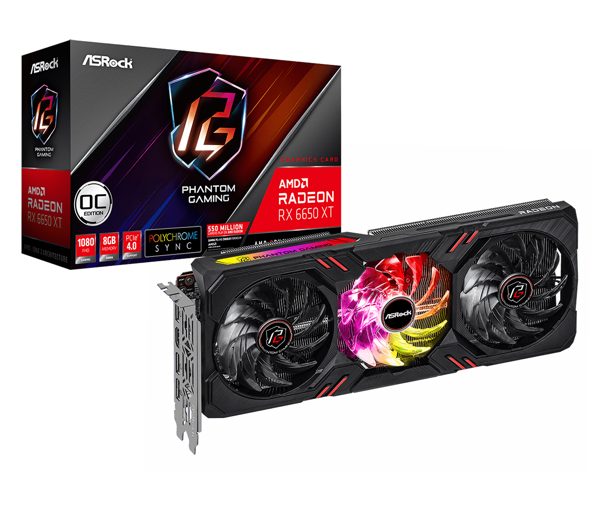 

Видеокарта ASRock AMD Radeon RX 6650 XT Phantom Gaming D 8G OC, 8Gb DDR6, 128 бит, PCI-E, HDMI, 3DP, Retail (RX6650XT PGD 8GO), Phantom Gaming D 8G OC