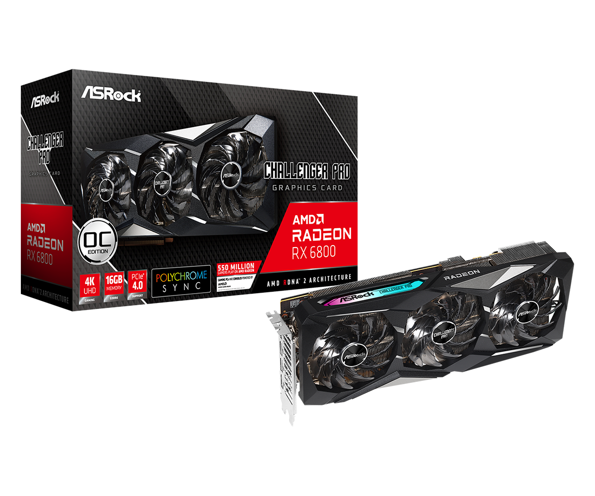 

Видеокарта ASRock AMD Radeon RX 6800 Challenger Pro 16G OC, 16Gb DDR6, 256bit, PCI-E, HDMI, 3DP, Retail (RX6800 CLP 16GO), Challenger Pro 16G OC