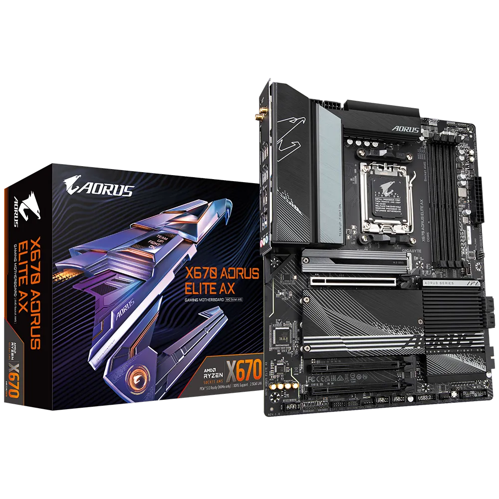 

Материнская плата GIGABYTE X670 AORUS ELITE AX (rev. 1.0), AM5, AMD X670, 4xDDR5 DIMM, 3PCI-Ex16, 4SATA3, 7.1-ch, 2.5GLAN, 12 USB 3.2, 2 USB Type-C, HDMI, ATX, Retail, X670 AORUS ELITE AX (rev. 1.0)