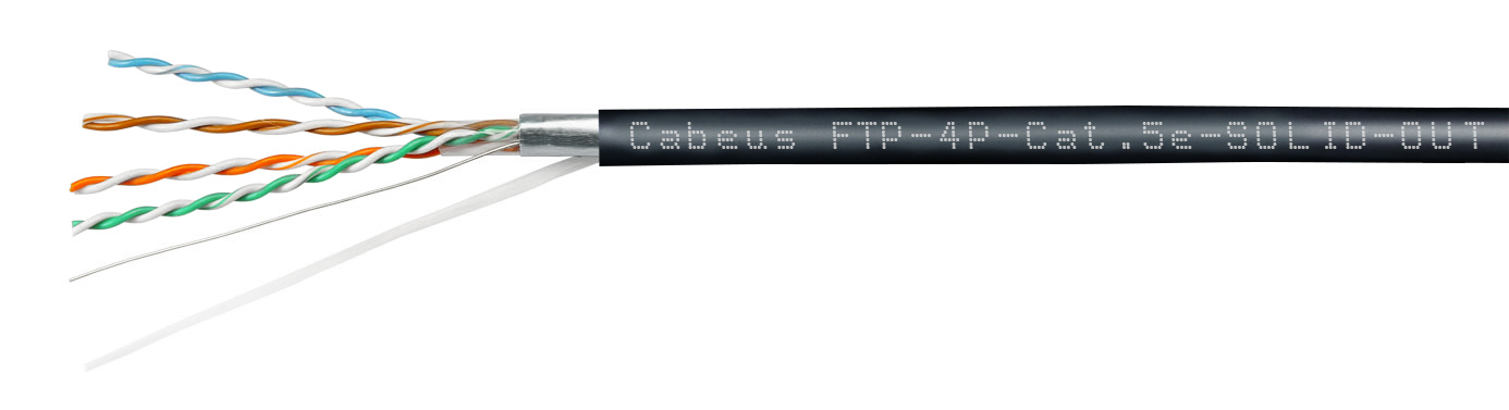 Витая пара FTP кат.5e, 4 пары, CU, 0.5мм, 305м., внешний, одножильный, черный, Cabeus (FTP-4P-CAT.5E-SOLID-OUT-LSZH-UV)