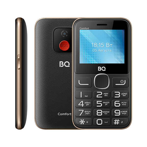 Мобильный телефон BQ 2301 Comfort, 2.31" 320x240 TN, 32Mb RAM, 32Mb, BT, 1xCam, 2-Sim, 1400mAh, с большими кнопками, micro-USB, черный/золотистый б/у, после ремонта(замена шлейфа кнопки SOS), следы эксплуатации, комплект полный