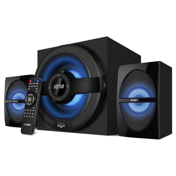 Акустика 2.1 SVEN MS-2085, 60Вт, FM, USB, SD, Bluetooth, подсветка, черный (SV-020101) б/у, после ремонта, следы эксплуатации, комплект полный