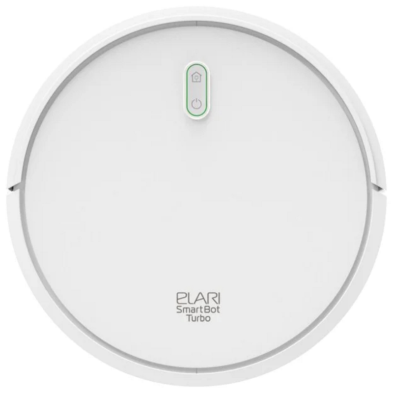 Робот-пылесос ELARI SmartBot Turbo SBT-002T, белый б/у, после ремонта(тех. обслуживание), следы эксплуатации, комплект: база, блок питания, 2-е щётки, емкость для сухой уборки, мануал, пду, фильтр