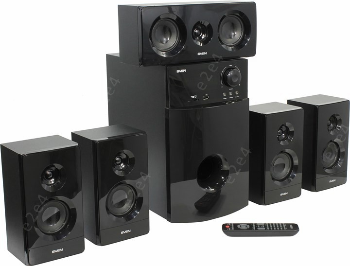 Акустика 5.1 SVEN HT-210 5x15W+50W, дерево, Bluetooth, SD, USB, FM, ПДУ, черный б/у, после ремонта, следы эксплуатации, комплект полный