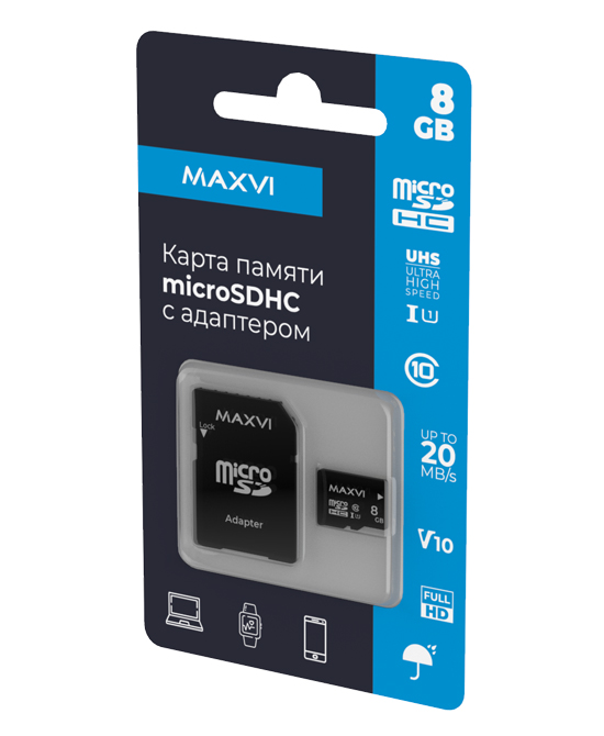Карта памяти 8Gb microSDHC Maxvi Class 10 UHS-I U1 V10 + адаптер (MSD8GBC10V10)
