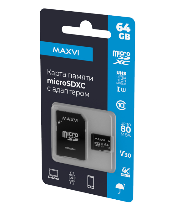 

Карта памяти 64Gb microSDXC Maxvi Class 10 UHS-I U3 V30 + адаптер (MSD64GBC10V30)