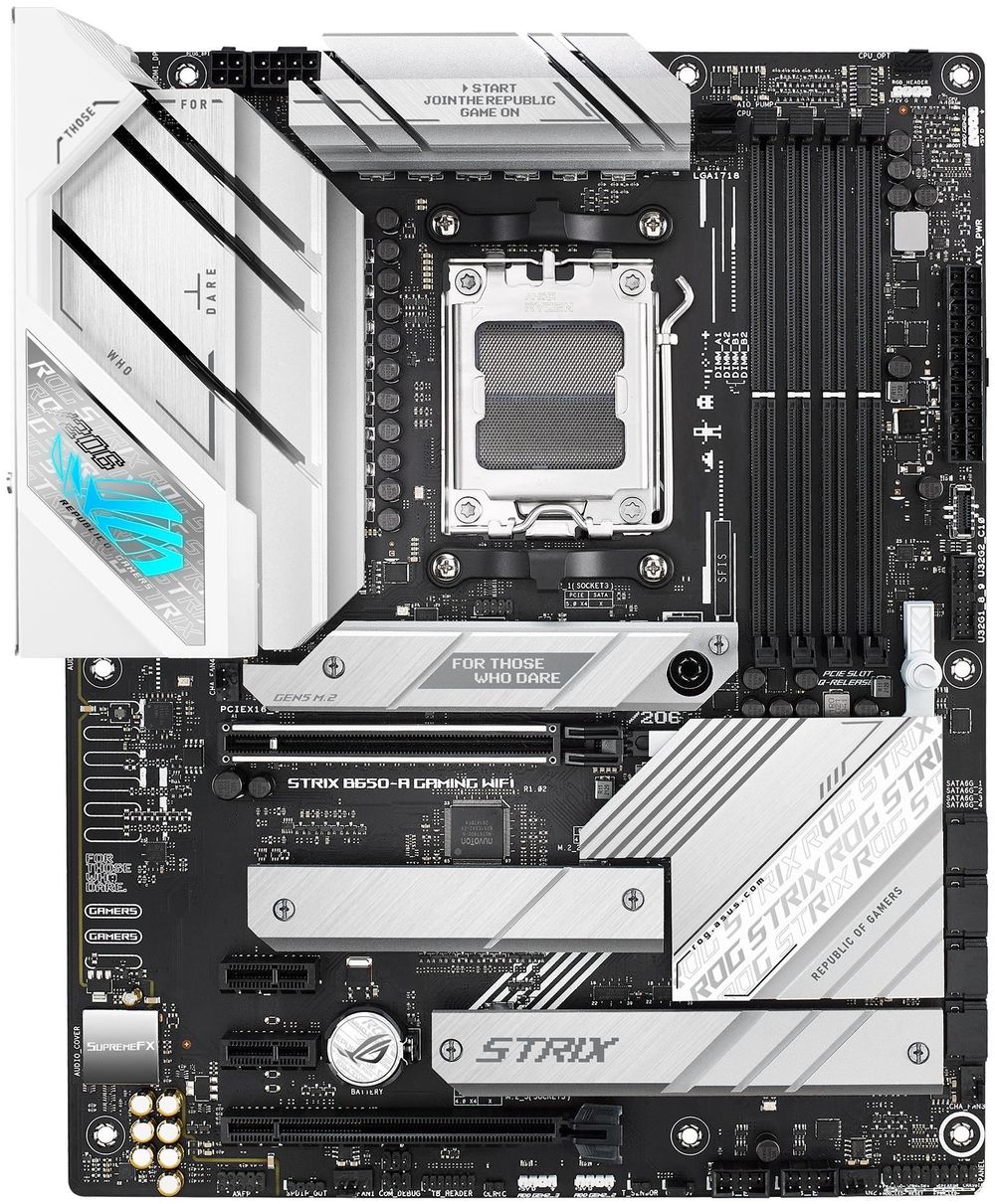 

Материнская плата ASUS ROG STRIX B650-A GAMING WIFI, AM5, AMD B650, 4xDDR5 DIMM, 2PCI-Ex16, 7.1-ch, 2.5GLAN, 1 USB 3.0, 3 USB 3.1, 3 USB Type-C, HDMI, DP, ATX, Retail, ROG STRIX B650-A GAMING WIFI