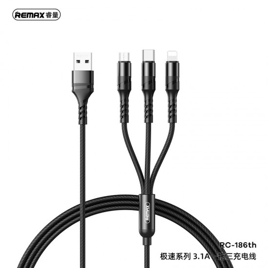 

Кабель USB-Lightning 8-pin+Micro USB+USB Type-C, 2.1A быстрая зарядка, 1.2м, черный Remax SPEED RC-186th (6954851204589), RC-186th