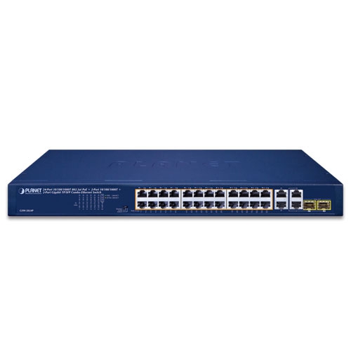 

Коммутатор Planet GSW-2824P, кол-во портов: 28x1 Гбит/с, кол-во SFP/uplink: combo RJ-45/SFP 2x1 Гбит/с, установка в стойку, PoE: 24x32Вт (макс. 250Вт) (GSW-2824P), GSW-2824P