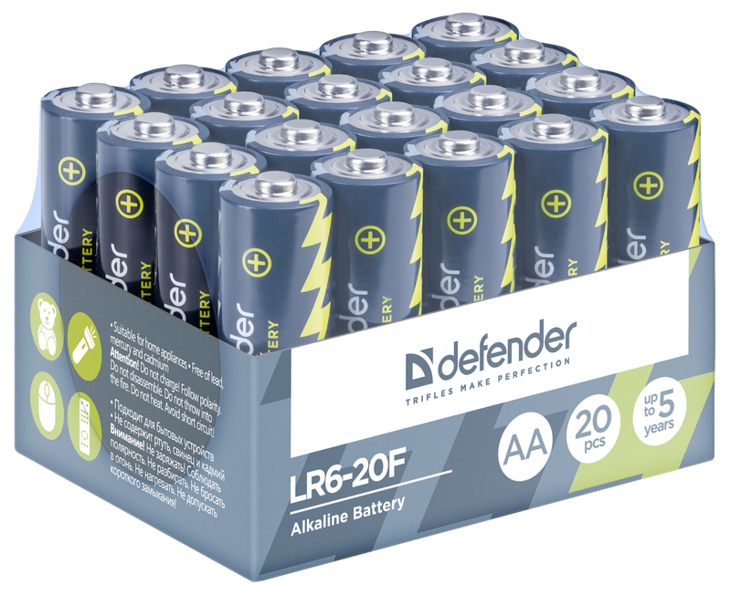 

Батарея Defender Alkaline, AA (LR6-20F), 1.5V, 20шт. (56014)