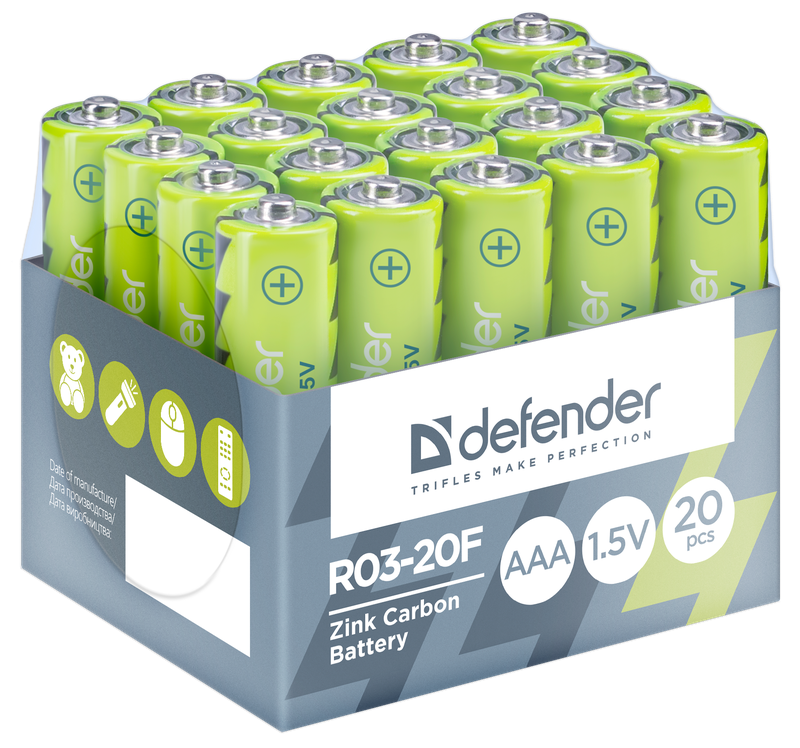 

Батарея Defender R03-20F, AAA (LR03/24А), 1.5V, 20шт. (56066)
